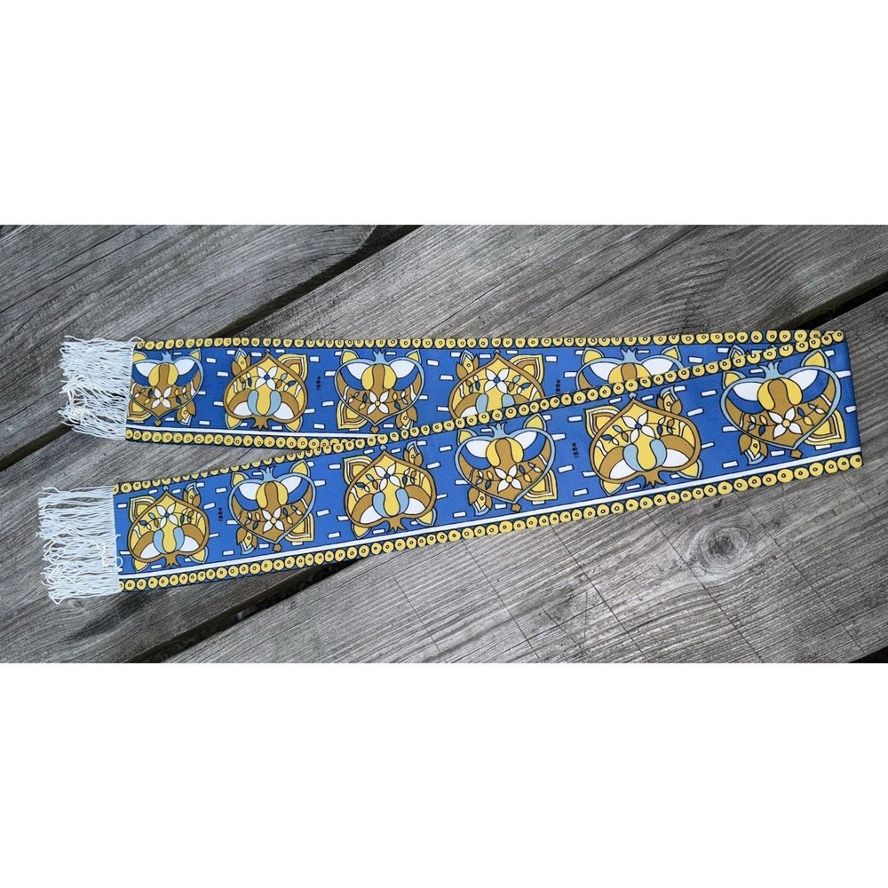 Vintage Oggi Scarf Blue Yellow Floral Geometric Fringe Narrow Rectangular